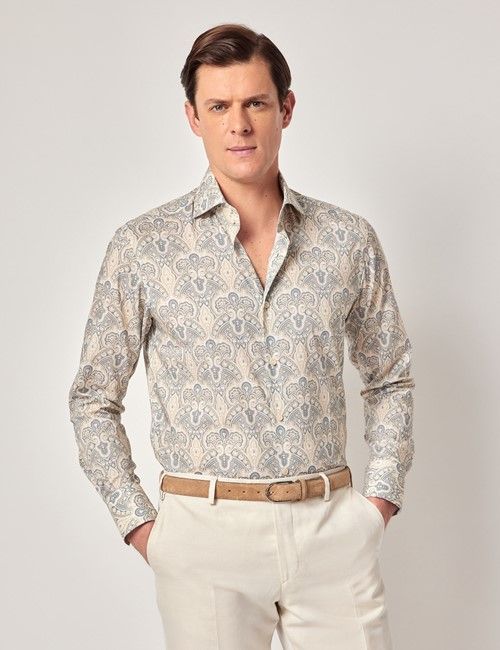 Beige & Blue Paisley Slim Curtis Shirt - High Collar
