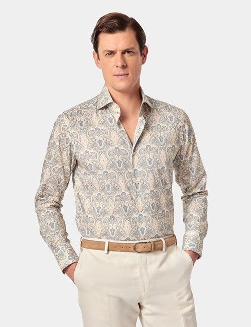 Beige & Blue Paisley Slim Curtis Shirt - High Collar