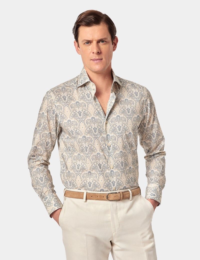 Slim Fit Beige & Blue Paisley Curtis Shirt