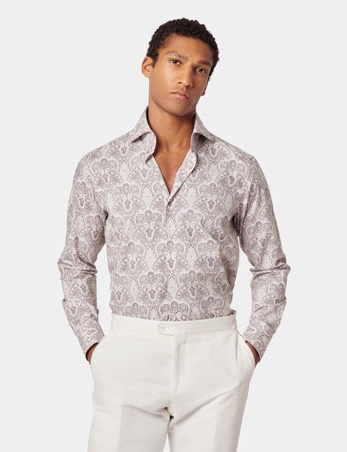 White & Burgundy Paisley Slim Curtis Shirt - High Collar