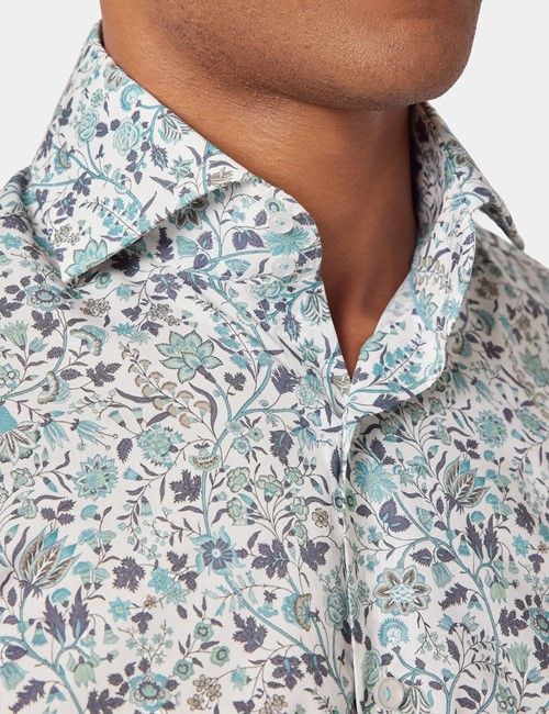 White & Green Floral Slim Curtis Shirt - High Collar-preview