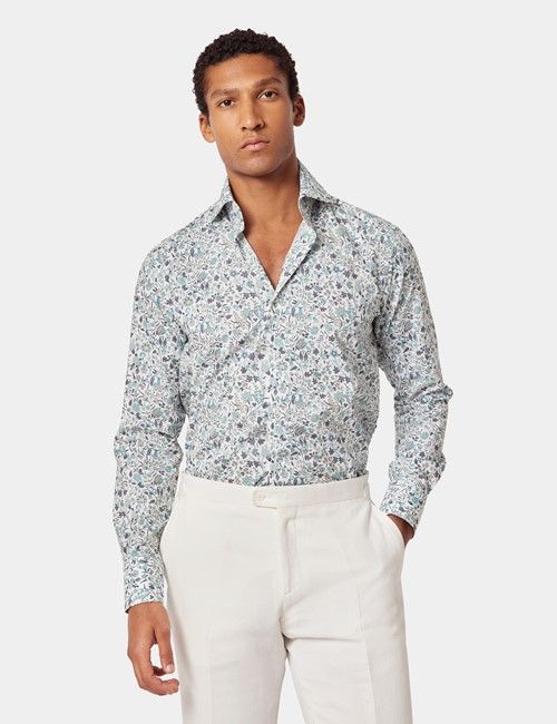 White & Green Floral Slim Curtis Shirt - High Collar