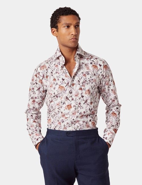 White & Brown Floral Diamond Weave Slim Curtis Shirt - High Collar
