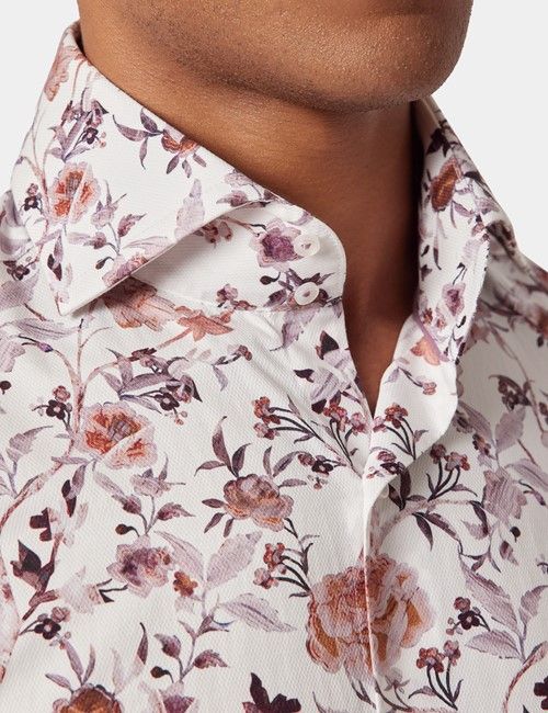 White & Brown Floral Diamond Weave Slim Curtis Shirt - High Collar-preview