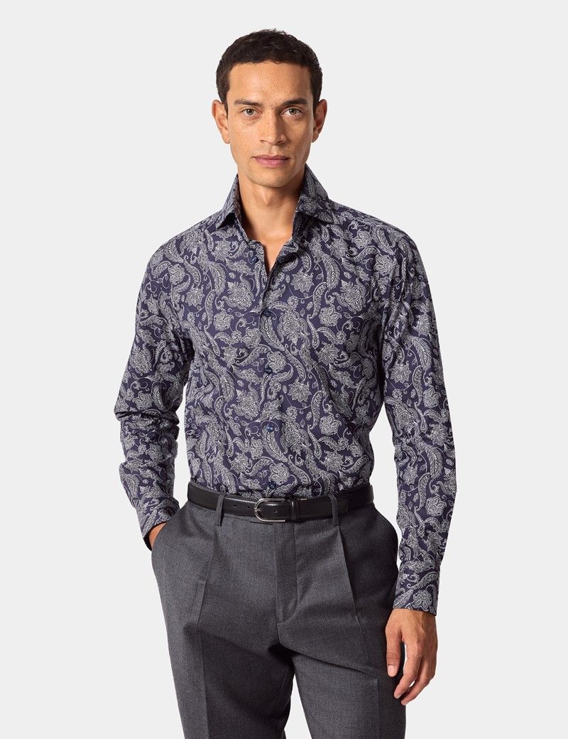 Slim Fit Navy & White Paisley Curtis Shirt