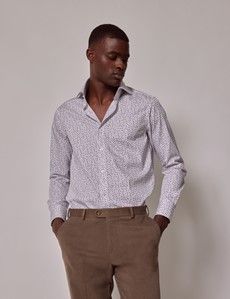 White & Purple Floral Slim Diamond Weave Shirt - High Collar