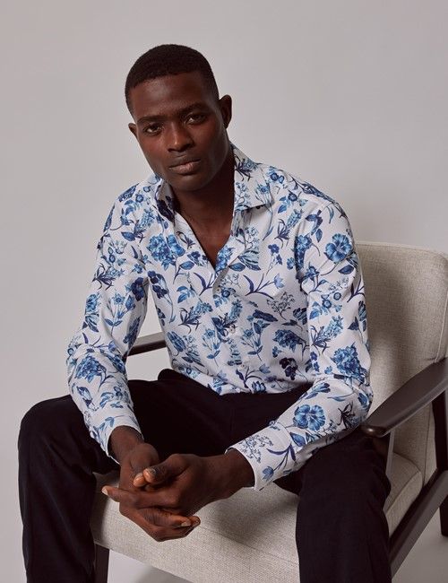 White & Blue Floral Slim Diamond Weave Shirt - High Collar