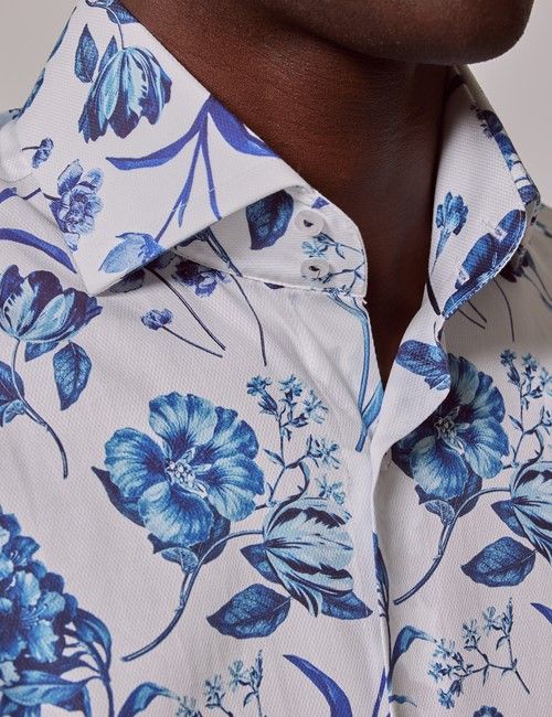 White & Blue Floral Slim Diamond Weave Shirt - High Collar-preview
