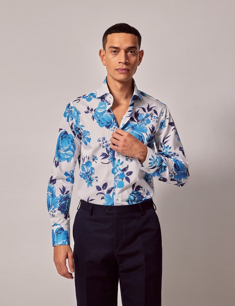 Men's White & Blue Painted Floral Slim Diamond Weave Shirt - High ...