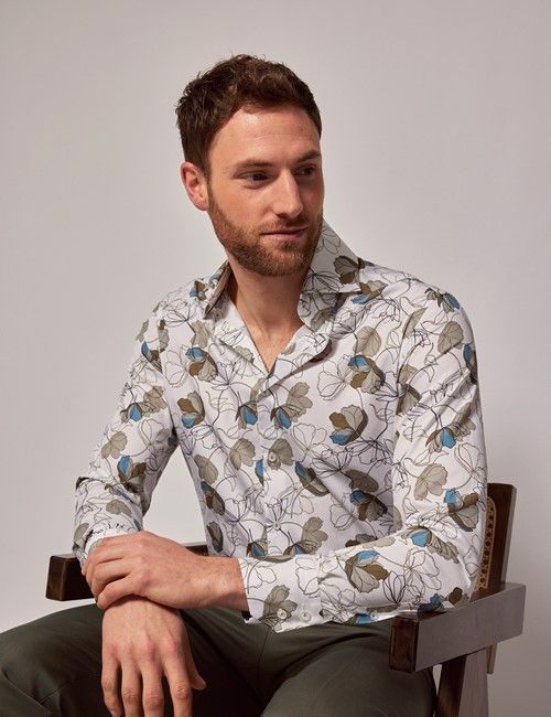 White & Green Floral Slim Diamond Weave Shirt - High Collar