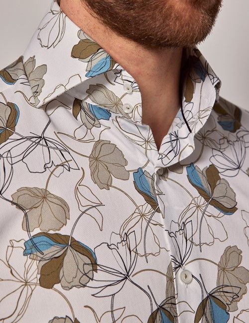 White & Green Floral Slim Diamond Weave Shirt - High Collar-preview