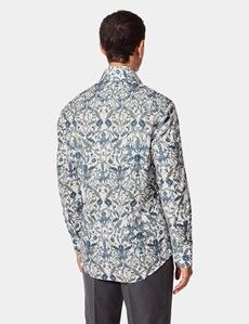 Slim Fit White & Navy Floral Diamond Weave Curtis Shirt