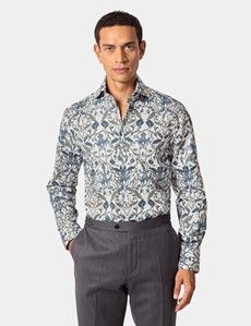 Slim Fit White & Navy Floral Diamond Weave Curtis Shirt