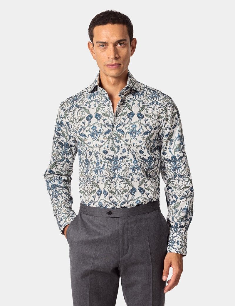 Slim Fit White & Navy Floral Diamond Weave Curtis Shirt