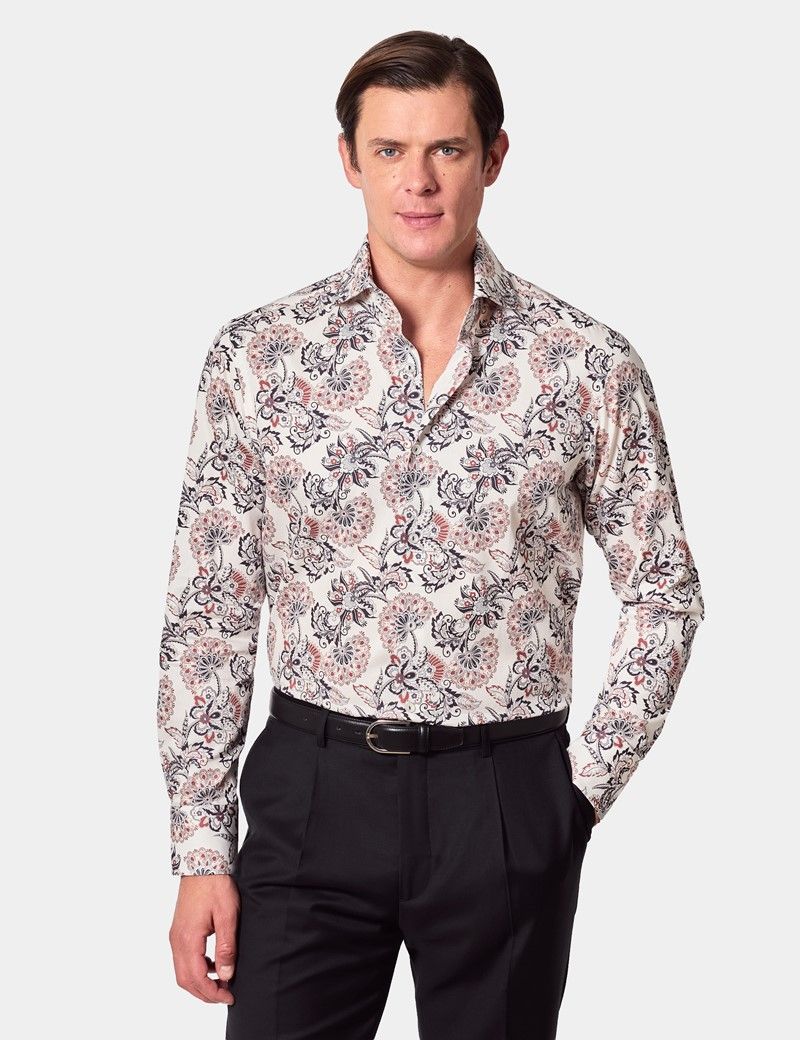 Slim Fit White & Navy Floral Diamond Weave Curtis Shirt