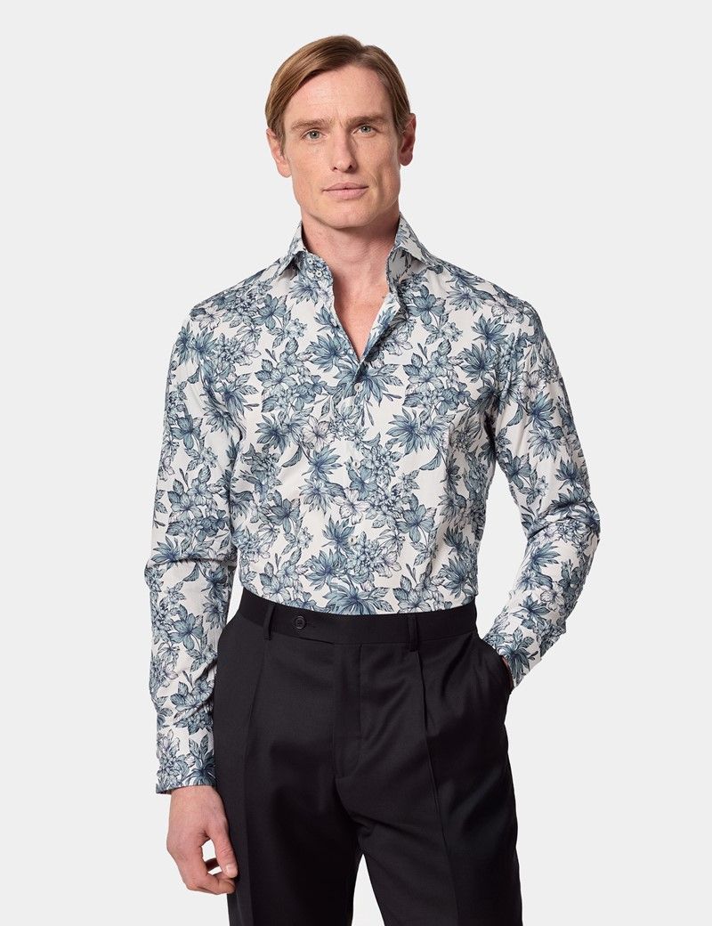 Slim Fit White & Navy Floral Diamond Weave Curtis Shirt