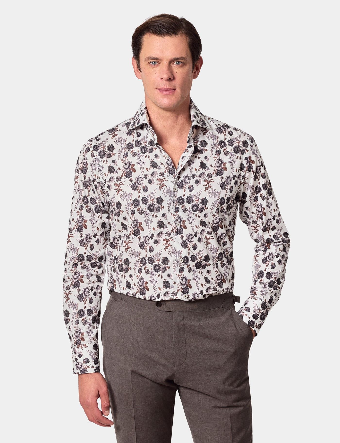 Slim Fit White & Brown Floral Diamond Weave Curtis Shirt