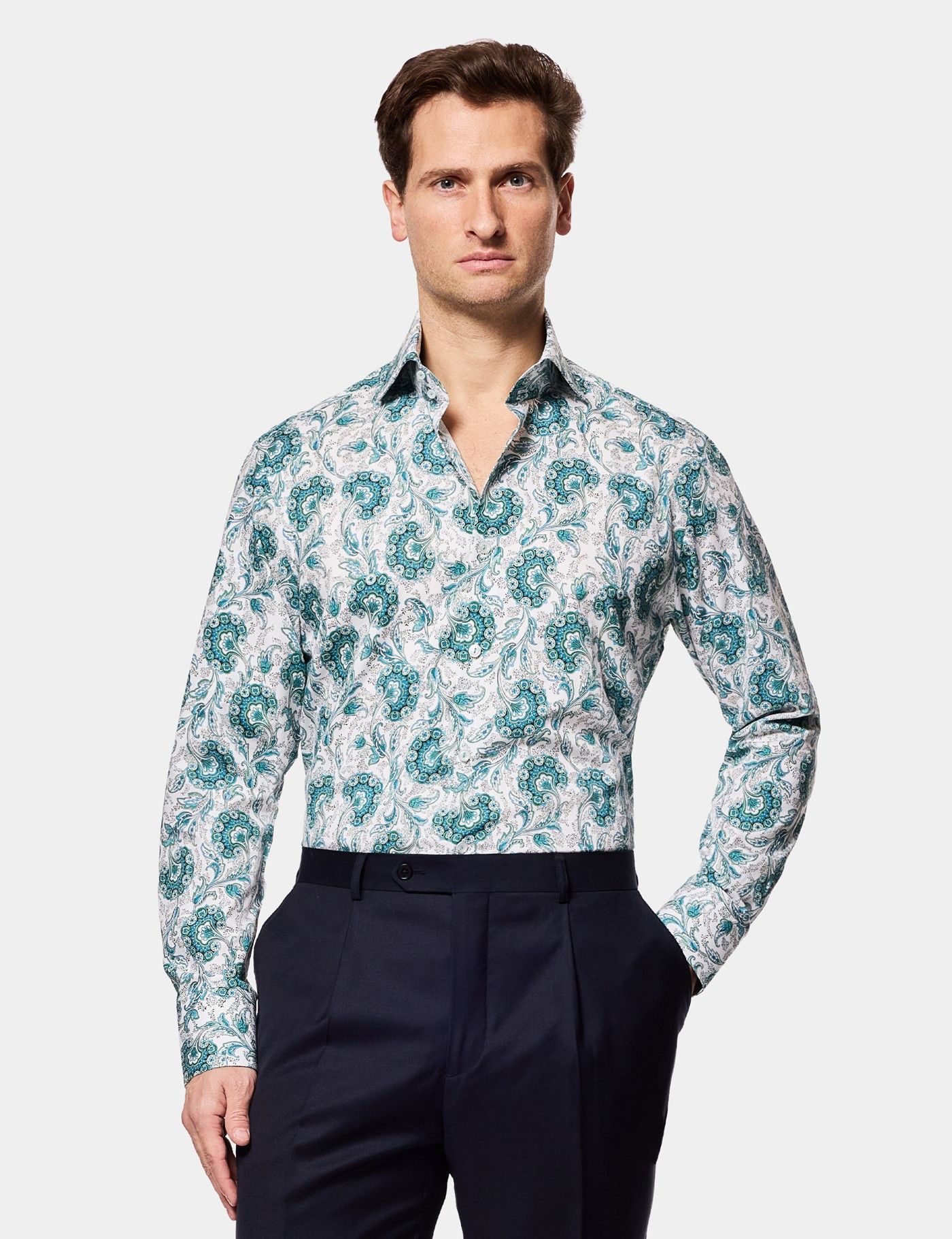 white christmas dresses Men's Slim Fit White Patterned Button Down Dress Shirt Size N5 main image 1