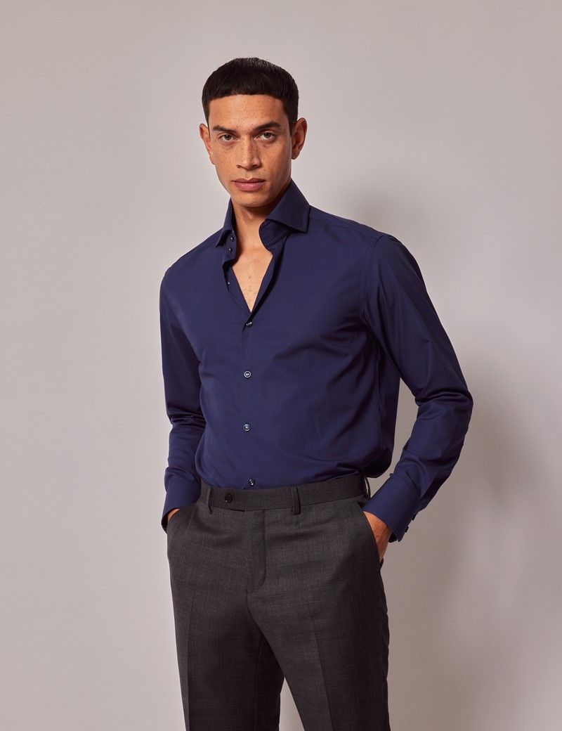 Men's Navy Slim Shirt With Contrast Detail - High Collar | Hawes & Curtis