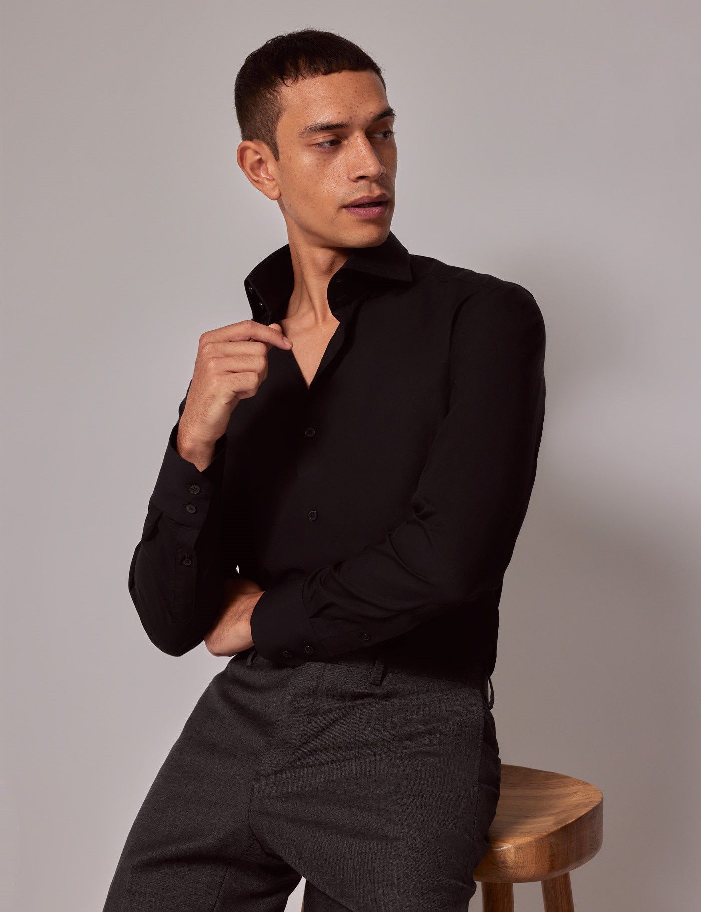 Men's Black Poplin Slim Shirt - High Collar