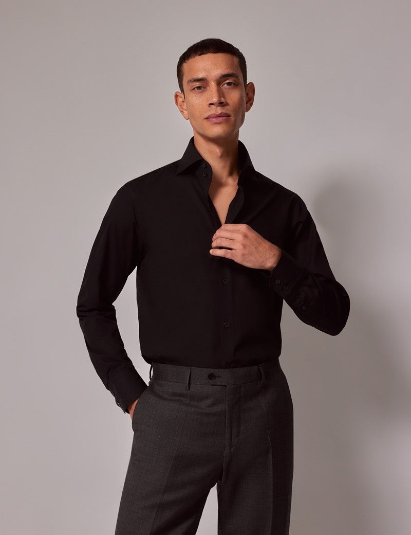 Men's Black Poplin Slim Shirt - High Collar