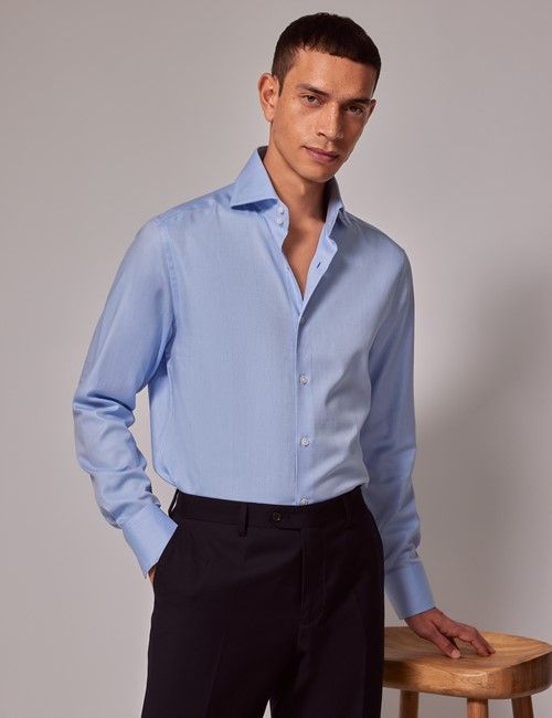 Blue Cotton Twill Slim Curtis Shirt - High Collar