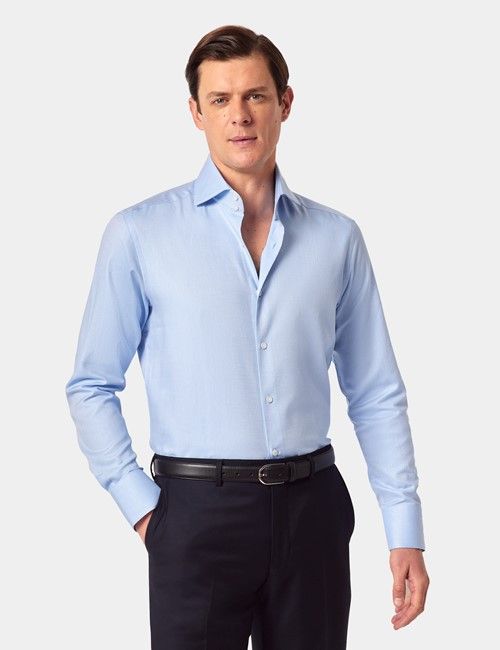 Blue Cotton Twill Slim Curtis Shirt - High Collar