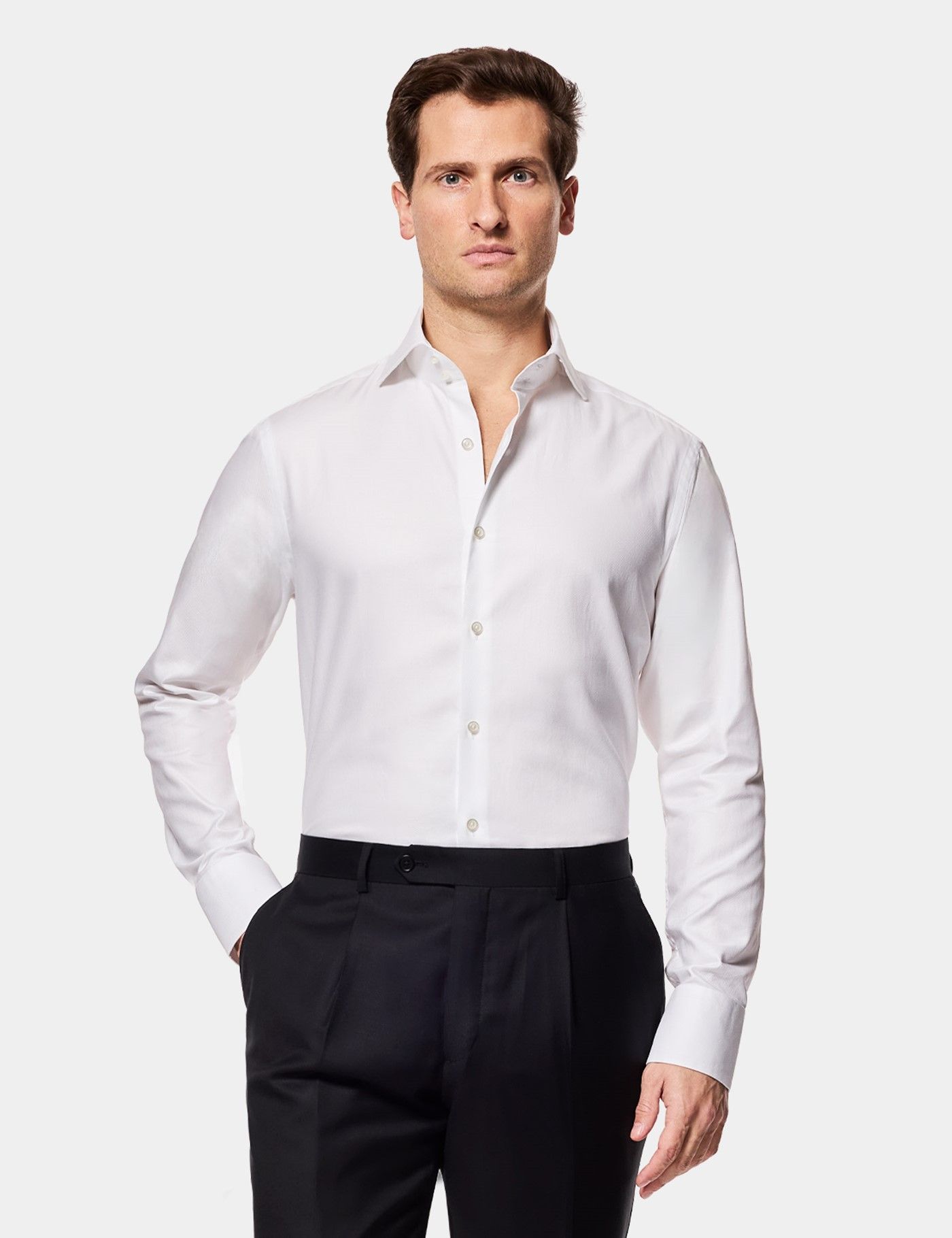 white slim fit dress shirt White Dress Shirt Navy Buttons Fine Twill