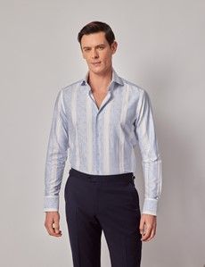 Men's Blue & White Stripe Jacquard Slim Shirt - High Collar