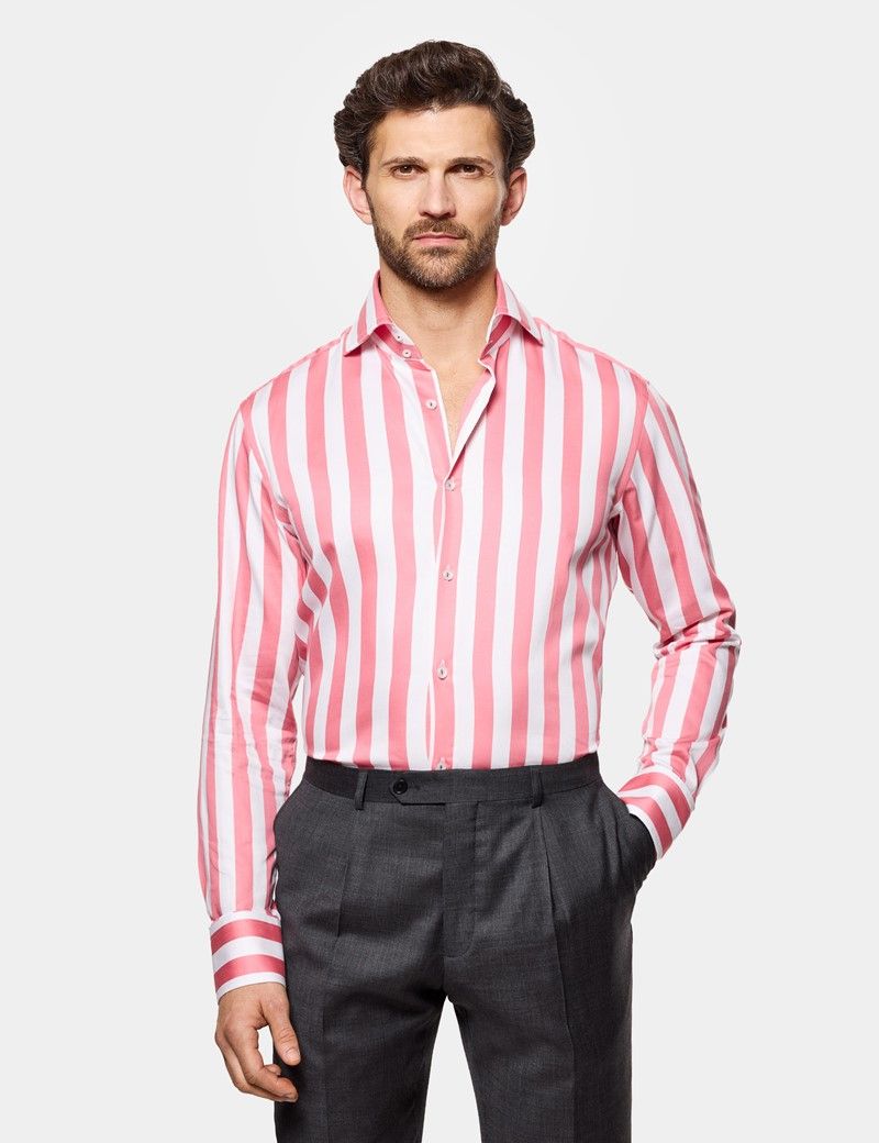 Slim Fit Coral & White Large Bengal Stripe Curtis Shirt