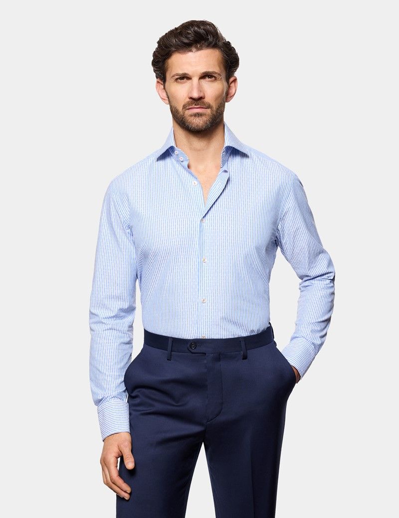 Slim Fit Blue & White Stripe Jacquard Curtis Shirt