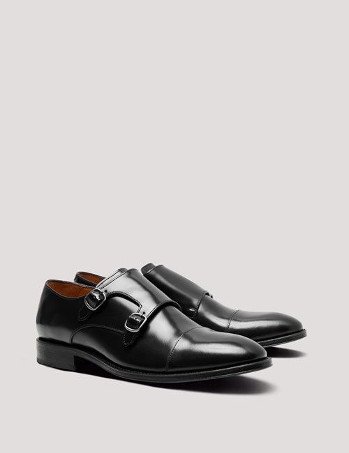 Black Leather Double Monk Strap Shoe-preview