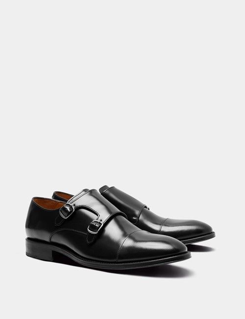 Black Leather Double Monk Strap Shoe-preview