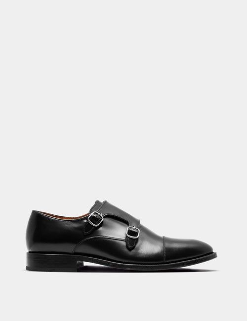 Black Leather Double Monk Strap Shoe