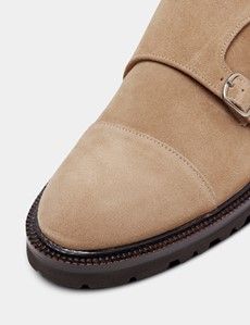 Beige Italian Suede Chunky Monk Strap Shoe-preview5