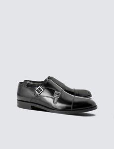 Black Leather Double Monk Strap Shoe-preview1