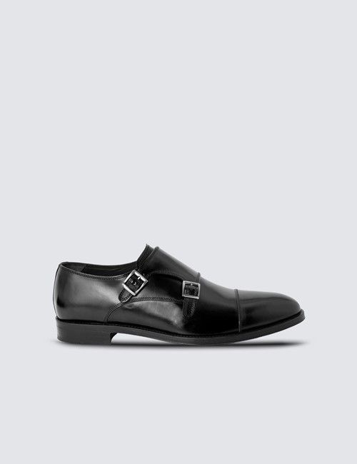 Black Leather Double Monk Strap Shoe