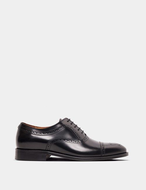 Black Leather Semi Brogue Shoe