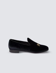 Black Velvet Padded Loafer - Gold Crest Embroidery
