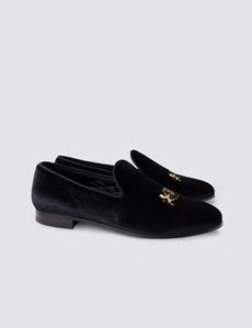 Black Velvet Padded Loafer - Gold Crest Embroidery-preview2