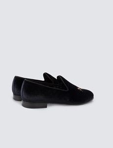 Black Velvet Padded Loafer - Gold Crest Embroidery-preview3