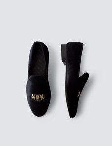 Black Velvet Padded Loafer - Gold Crest Embroidery-preview4