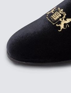 Black Velvet Padded Loafer - Gold Crest Embroidery-preview5