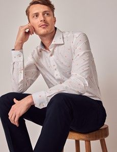 White & Orange Square Dobby Slim Shirt