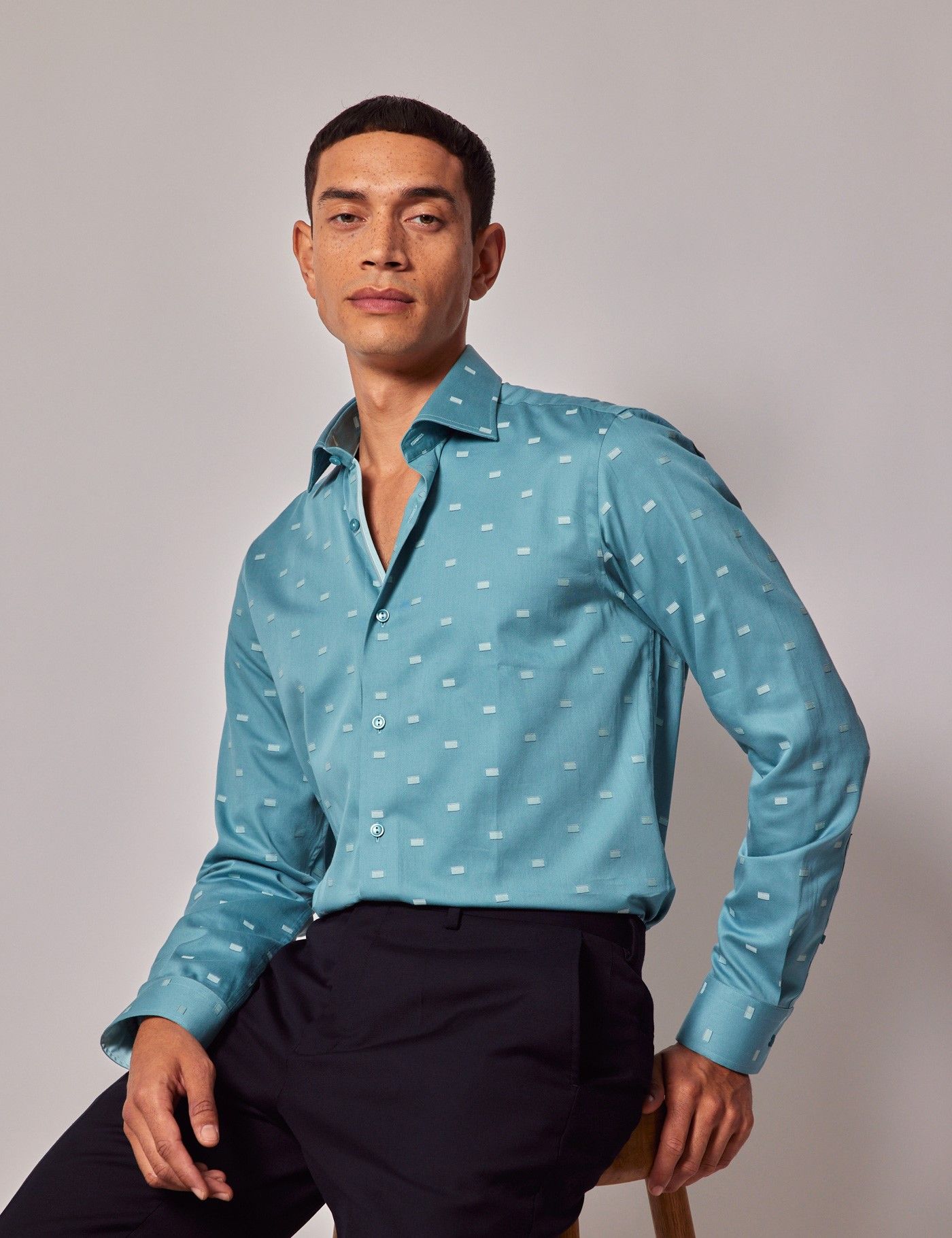 Men's Teal Dobby Rectangles Slim Shirt | Hawes & Curtis