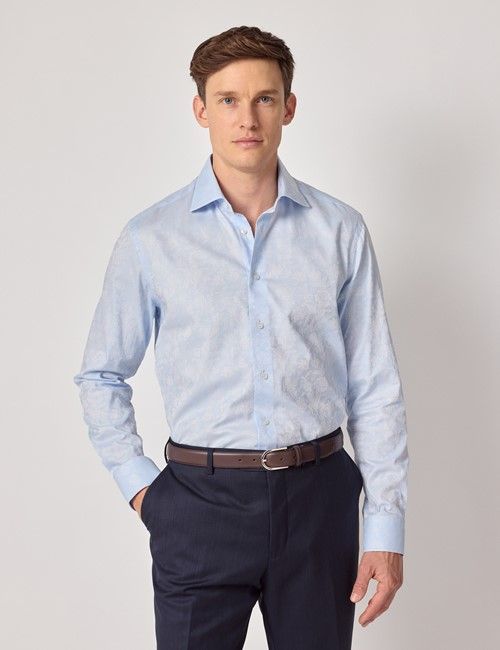 Light Blue Jacquard Floral Cotton Stretch Slim Curtis Shirt