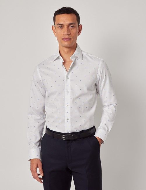 White & Blue Dobby Spot Slim Shirt