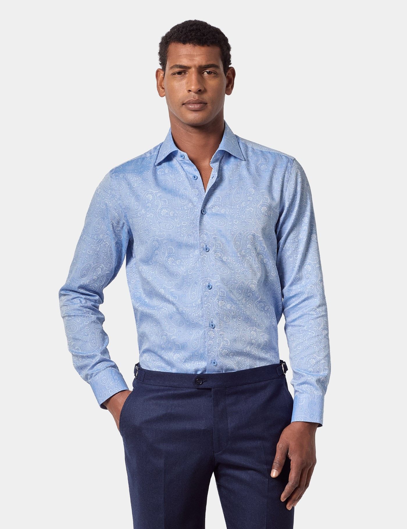 Slim Fit Light Blue Jacquard Paisley Curtis Shirt