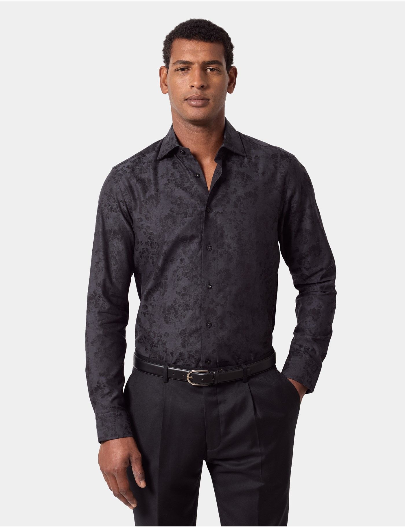 Slim Fit Black & Grey Jacquard Floral Curtis Shirt