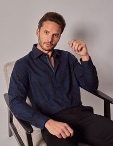 Navy & Green Jacquard Check Slim Shirt